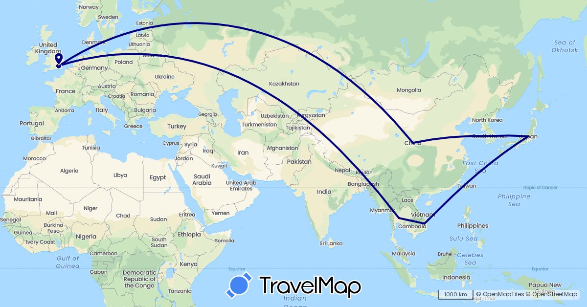 TravelMap itinerary: driving in China, United Kingdom, Japan, South Korea, Thailand, Vietnam (Asia, Europe)